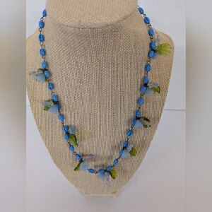 Vintage Murano Glass Blue Green Flower Necklace 1940s New Clasp